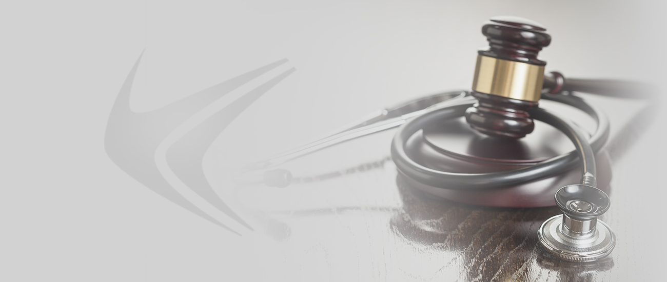 Banner image depicting a gavel and a stethoscope, symbolizing medical law